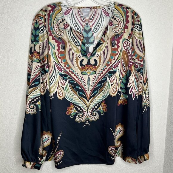 Chicos Blouse Womens 2 US Large Multicolor Boho Paisley Print Long Sleeve Top - Picture 1 of 11